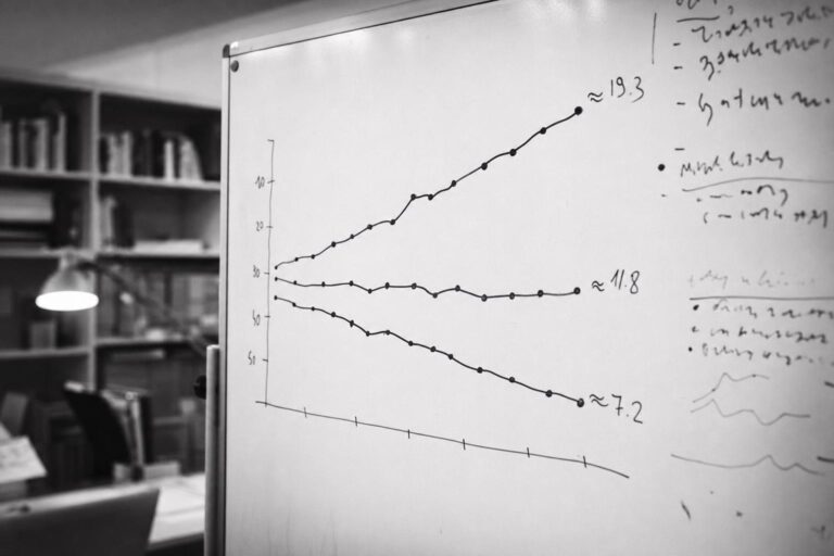 Tableau blanc avec trois courbes démographiques tracées au feutre