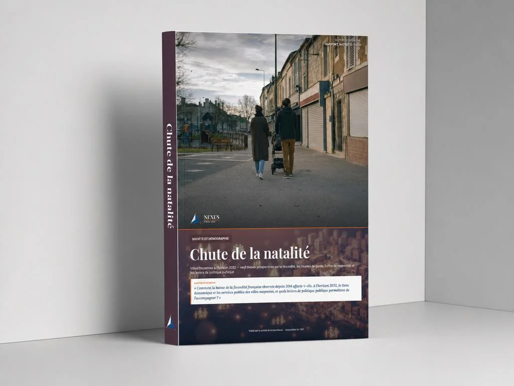Maquette du rapport Nexus « Chute de la natalité », livre broché posé debout dans un studio gris