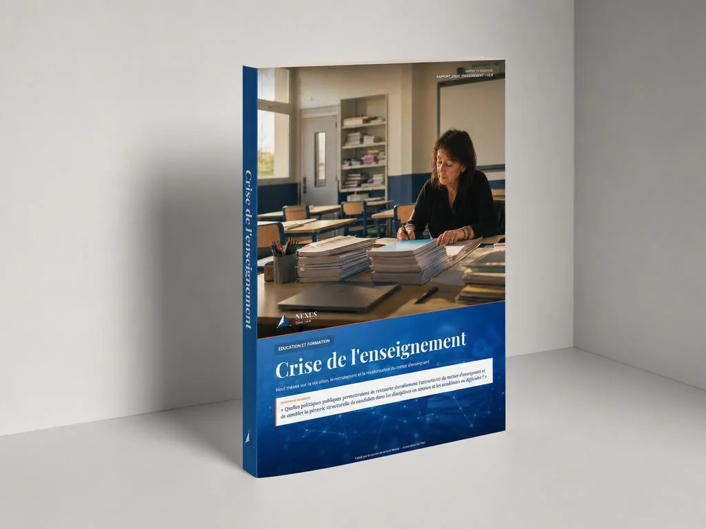Maquette du rapport Nexus « Crise de l’enseignement et vocation », livre broché posé debout dans un studio gris