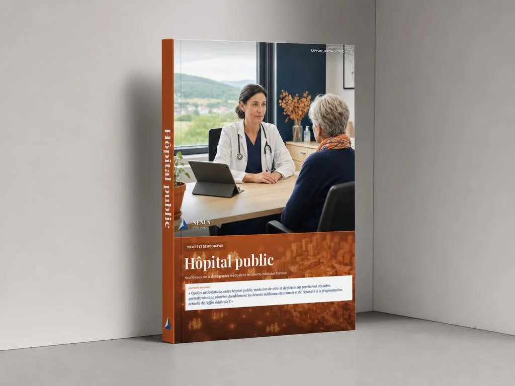 Maquette du rapport Nexus « Hôpital public et déserts médicaux », livre broché posé debout dans un studio gris