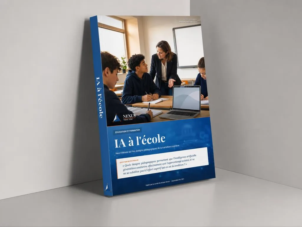Maquette du rapport Nexus sur l’IA à l’école, livre broché posé debout dans un studio gris