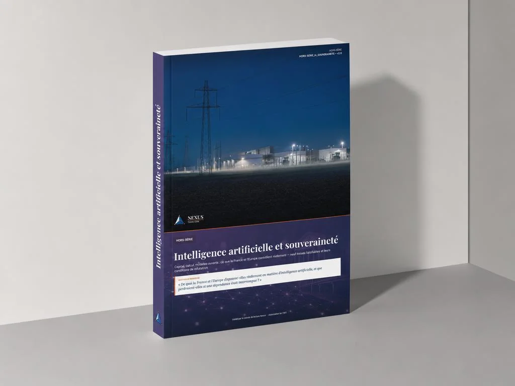 Maquette du rapport Nexus « IA et souveraineté », livre broché posé debout dans un studio gris