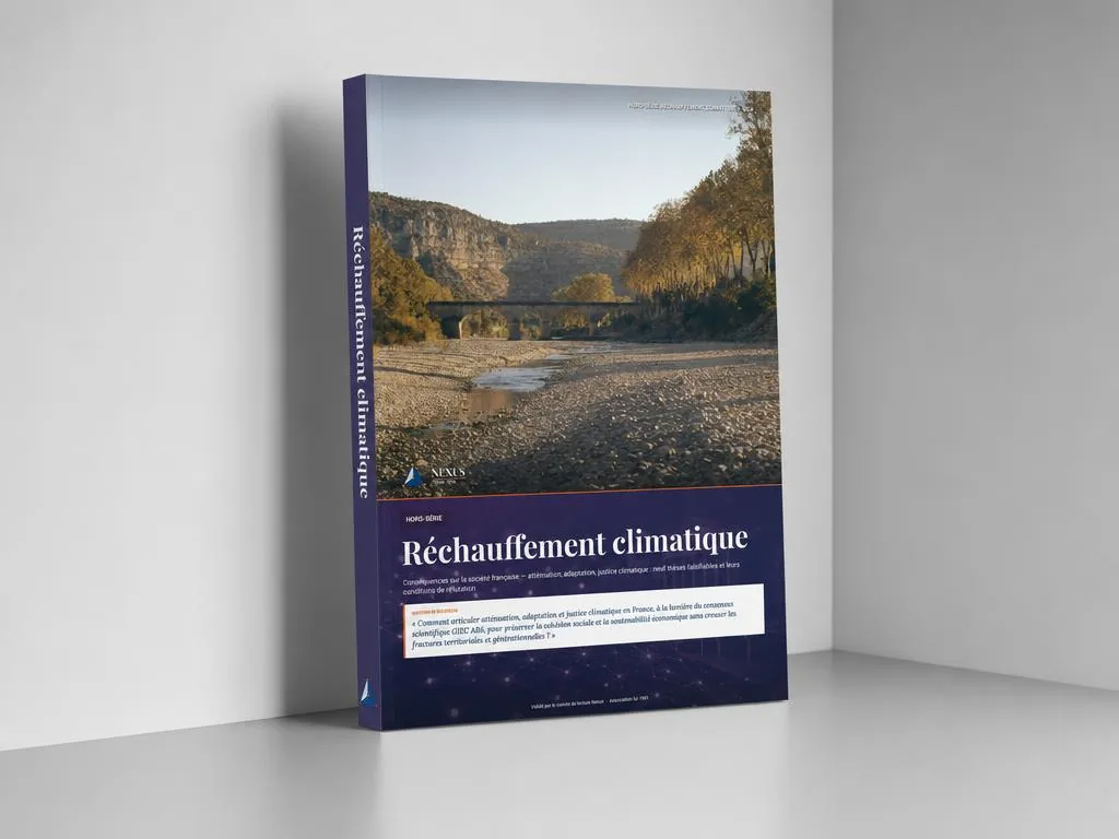 Maquette du hors-série Nexus « Réchauffement climatique », livre broché posé debout dans un studio gris