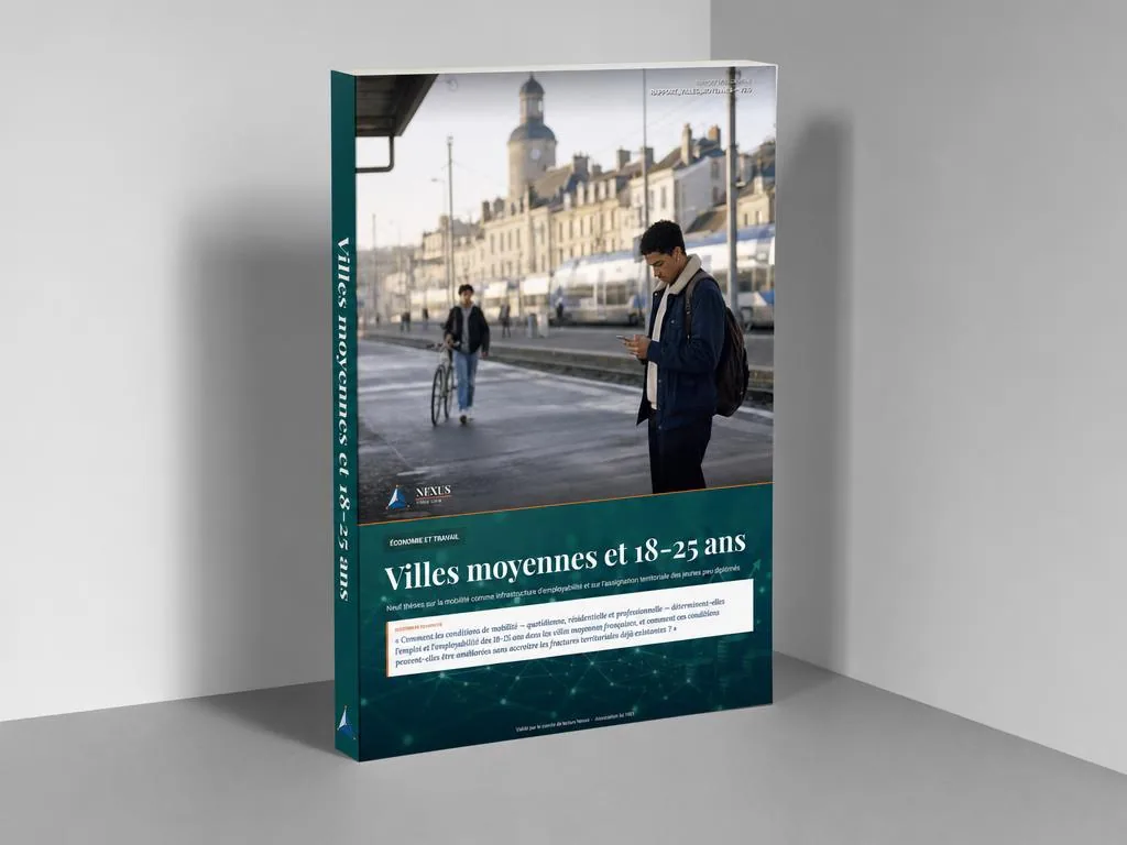 Maquette du rapport Nexus sur les villes moyennes et les 18-25 ans, livre broché posé debout dans un studio gris